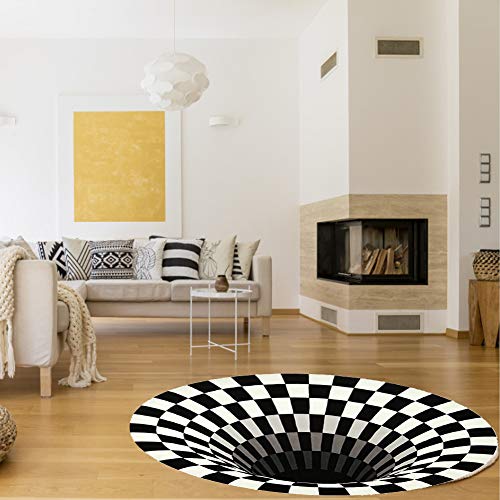 Delaspe Alfombra redonda de rejilla en blanco y negro, ilusión 3D vórtice alfombra de suelo para habitación, apto para salón, dormitorio, cocina