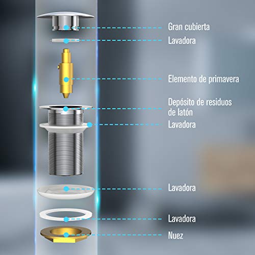 Desagüe para Lavabo de baño, Dalmo DDTP01TY Válvula Pop Up de Drenaje Cobre, Colador de Desagüe Anti-explosión y Anti-obstrucción, Conjunto de Desagüe para Fregadero sin Rebosadero de Cromo Pulido