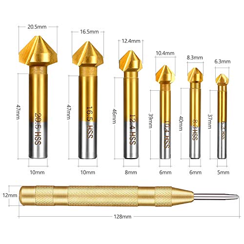 DESON Juego de 6 Brocas Avellanadoras Cónicas, Diámetro de 6,3-20,5 mm, Broca Avellanada con 1 Broca Central Automática de Latón