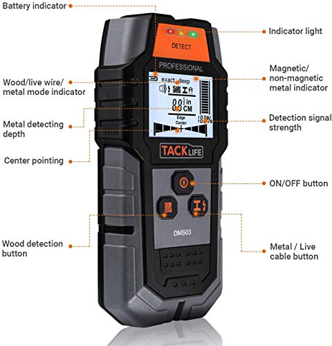 Detector de Pared, TACKLIFE DMS03 4 en 1, Detector de Cable y Tuberia, Metal, Madera, Pantalla LCD Retroiluminada, Bolsa protectora, Adecuado para Ingenieros, Diseñadores y Trabajadores de Renovación
