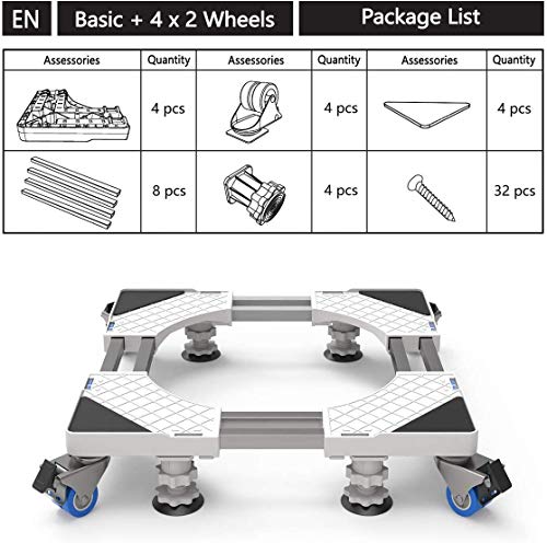 Dewel Base Ajustable de 54cm～74cm con 8 Tubo de Acero inoxidable, 4 Ruedas Giratorias y 4 Pies de Goma Soporte para Lavadora, Secadora y Refrigerador. máxima de carga: 500 kg.