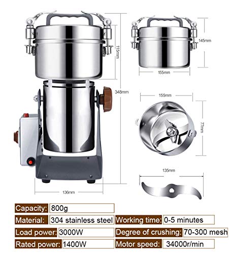 DFGENLY Máquina Eléctrica de Molino de Grano, 304 Acero Inoxidable Especias Grinder Molinillo de Granos Molino de Medicina Herbaria, Alta Velocidad Procesadora de Alimentos, Alta Capacidad