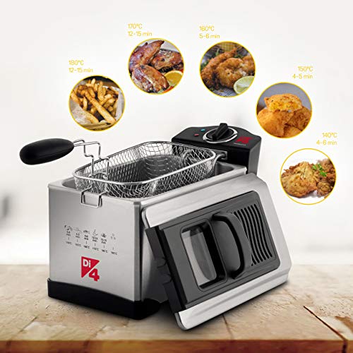 Di4 Fritagglia 3.0 - Freidora, 2000W, 3L, Resistencia sumergida, Tapa con filtro de Inox, Regulador de temperatura, Cuerpo, tapa y cubeta en Acero Inoxidable, Posición de escurrido del aceite