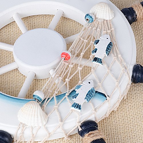 (Diametro 32cm) Timón Rueda Barco Volante Náutica de Madera Nave Decorativo Decoración Adorno de Pared con Red de Pesca Concha Estrella de Mar
