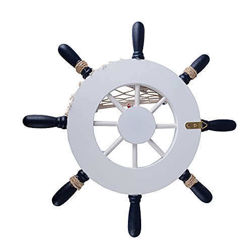 (Diametro 32cm) Timón Rueda Barco Volante Náutica de Madera Nave Decorativo Decoración Adorno de Pared con Red de Pesca Concha Estrella de Mar