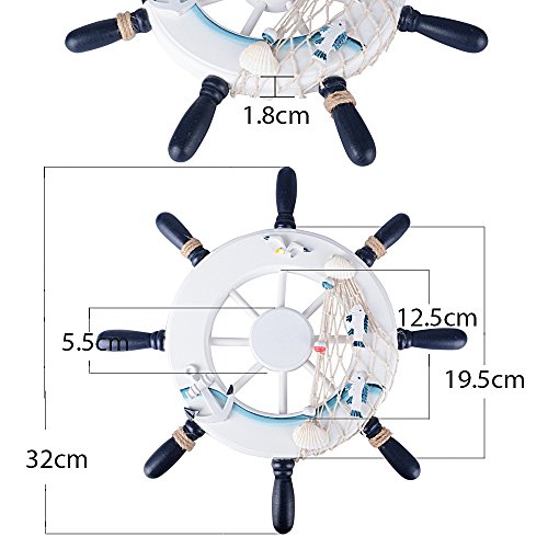 (Diametro 32cm) Timón Rueda Barco Volante Náutica de Madera Nave Decorativo Decoración Adorno de Pared con Red de Pesca Concha Estrella de Mar