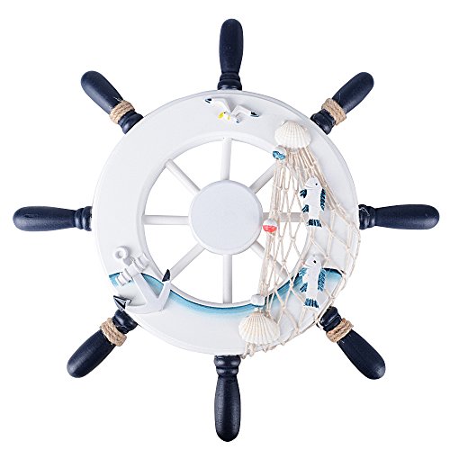 (Diametro 32cm) Timón Rueda Barco Volante Náutica de Madera Nave Decorativo Decoración Adorno de Pared con Red de Pesca Concha Estrella de Mar