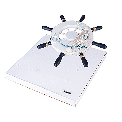 (Diametro 32cm) Timón Rueda Barco Volante Náutica de Madera Nave Decorativo Decoración Adorno de Pared con Red de Pesca Concha Estrella de Mar