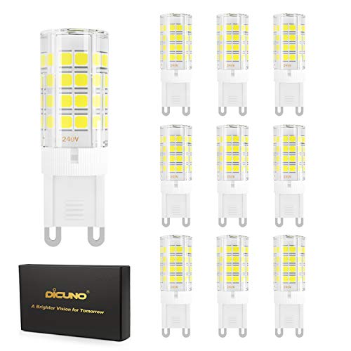 DiCUNO G9 Bombilla LED 4W (40W Bombilla Halógena Equivalente), 450LM, Ahorro de energía,Blanco frío 6000K, AC100-240V, No-regulables, Base ceramica, 360 Grados ángulo, Paquete de 10