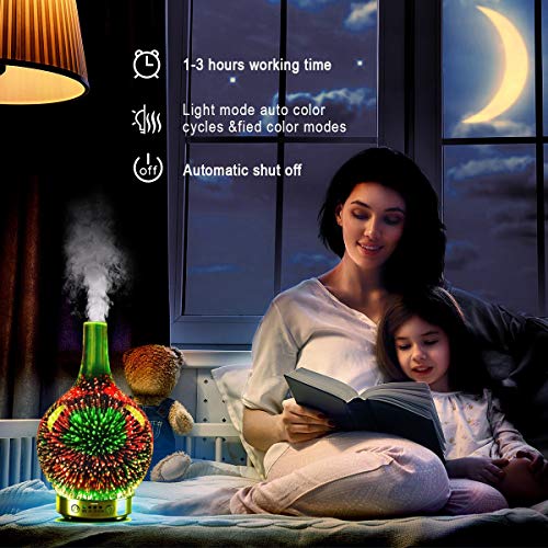 Difusor de aceite esencial de vidrio 3D, difusor ultrasónico de aroma – humidificador eléctrico de niebla fría con luces LED de noche que cambian de color, para aromaterapia y aceite de coco de oliva