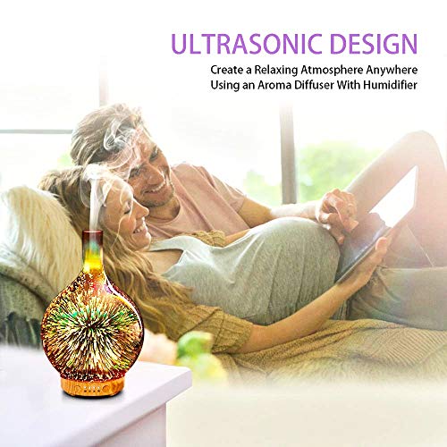 Difusor de aceite esencial de vidrio 3D, difusor ultrasónico de aroma – humidificador eléctrico de niebla fría con luces LED de noche que cambian de color, para aromaterapia y aceite de coco de oliva