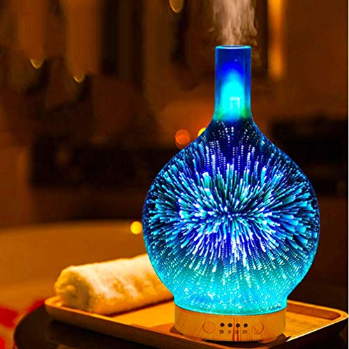 Difusor de aceite esencial de vidrio 3D, difusor ultrasónico de aroma – humidificador eléctrico de niebla fría con luces LED de noche que cambian de color, para aromaterapia y aceite de coco de oliva