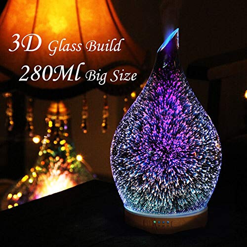 Difusor de Aceites Esenciales 280ml Vidrio 3D Humidificador Ultrasónico de Aromaterapia con Cambio de 7 Colores Lampara de Fragancia Vapor Frío Efecto Fuegos Artificiales 4 Temporizador Sin BPA