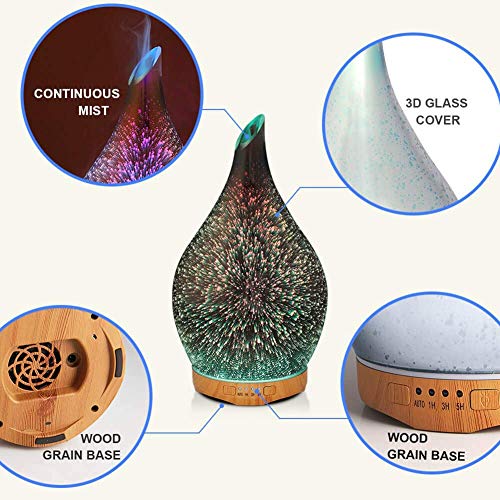 Difusor de Aceites Esenciales 280ml Vidrio 3D Humidificador Ultrasónico de Aromaterapia con Cambio de 7 Colores Lampara de Fragancia Vapor Frío Efecto Fuegos Artificiales 4 Temporizador Sin BPA