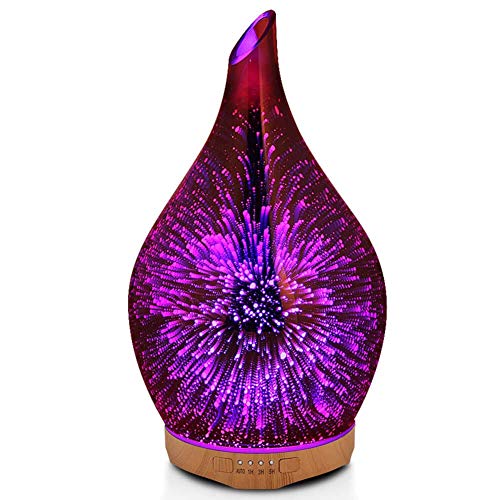 Difusor de Aceites Esenciales 280ml Vidrio 3D Humidificador Ultrasónico de Aromaterapia con Cambio de 7 Colores Lampara de Fragancia Vapor Frío Efecto Fuegos Artificiales 4 Temporizador Sin BPA