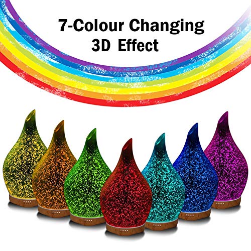 Difusor de Aceites Esenciales 280ml Vidrio 3D Humidificador Ultrasónico de Aromaterapia con Cambio de 7 Colores Lampara de Fragancia Vapor Frío Efecto Fuegos Artificiales 4 Temporizador Sin BPA