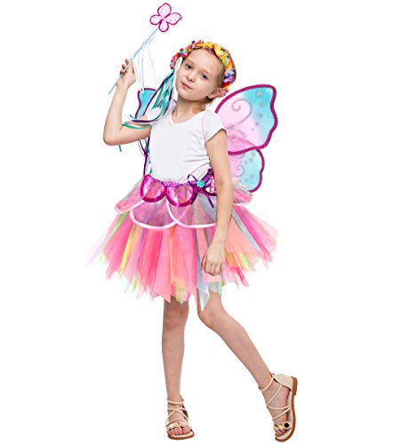 Disfraz de princesa de hada del arco iris rosa para niñas vestido con tutú y accesorios (pequeño de 5 a 7 años)