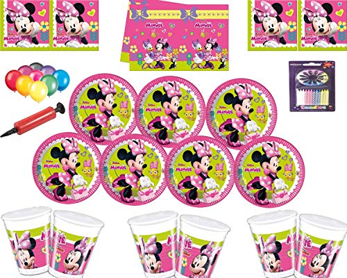 Disney Minnie Mouse Party Decoration Set-Platos Tazas Servilletas Mantel con Globos Gratis Velas Bombas de Globos-Sirve para 16 Invitados