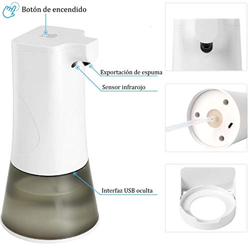 Dispensador de Jabón de Espuma Automático,400ML Sensor de Movimiento Inteligente con Sensor Infrarrojo sin Contacto,Carga USB Base Impermeable, Impermeable IPX4 ,para Baño,Cocina,Hotel,Líquido/Champú