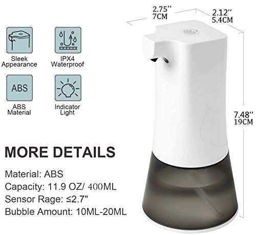 Dispensador de Jabón de Espuma Automático,400ML Sensor de Movimiento Inteligente con Sensor Infrarrojo sin Contacto,Carga USB Base Impermeable, Impermeable IPX4 ,para Baño,Cocina,Hotel,Líquido/Champú