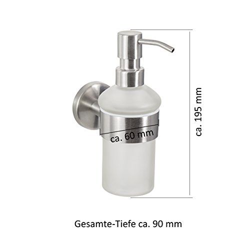 Dispensador de jabón de la serie Firenze, de acero inoxidable mate y cristal satinado, para montaje en pared, incluye tornillos, también apto para pegar, se vende por separado
