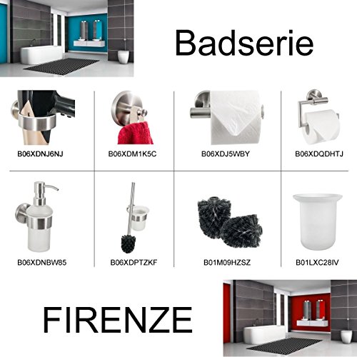 Dispensador de jabón de la serie Firenze, de acero inoxidable mate y cristal satinado, para montaje en pared, incluye tornillos, también apto para pegar, se vende por separado