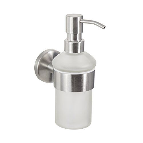 Dispensador de jabón de la serie Firenze, de acero inoxidable mate y cristal satinado, para montaje en pared, incluye tornillos, también apto para pegar, se vende por separado