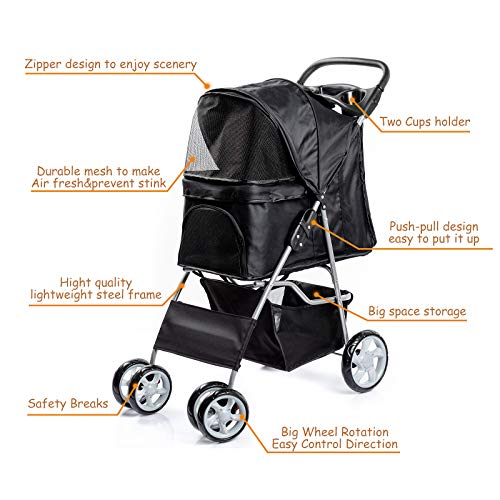 Display4top Carrito de 4 Ruedas para Mascotas Perros Gatos Animales Plegable Impermeable para Viaje Paseo (Negro)