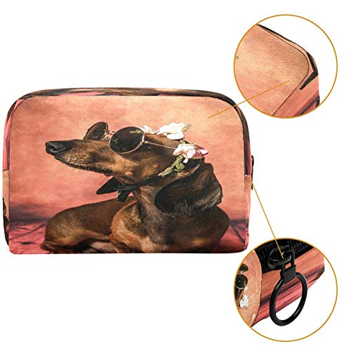 Divertido perro perro salchicha con gafas de sol bolsa de maquillaje bolsa organizador para viaje portátil neceser para niñas y mujeres
