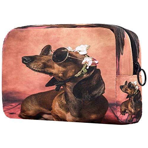 Divertido perro perro salchicha con gafas de sol bolsa de maquillaje bolsa organizador para viaje portátil neceser para niñas y mujeres