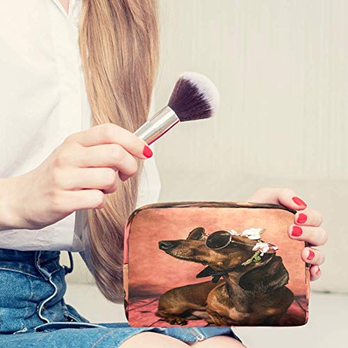 Divertido perro perro salchicha con gafas de sol bolsa de maquillaje bolsa organizador para viaje portátil neceser para niñas y mujeres