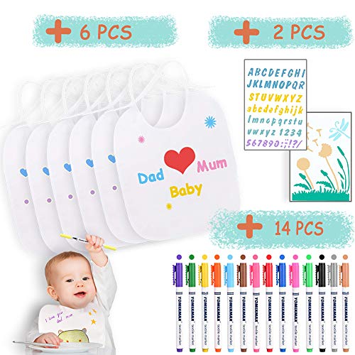 DIY Baberos Bebé Blanco, 6 Baberos Drool con 12 Bolígrafos Textiles, Lavables Baberos Recien Nacido Bebes, Suave y Absorbente, Perfecto para Fiestas de Bautizo