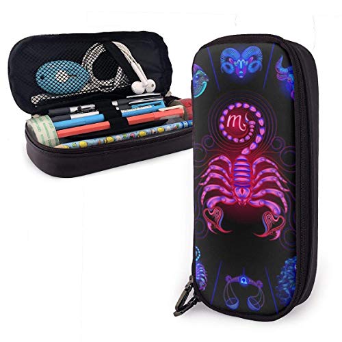 DJNGN Estuche para lápices, Estuche para lápices de cuero con círculo de horóscopo de neón Escorpio, Estuche para papelería de moda, Estuche para artículos de papelería para el trabajo de regreso a l