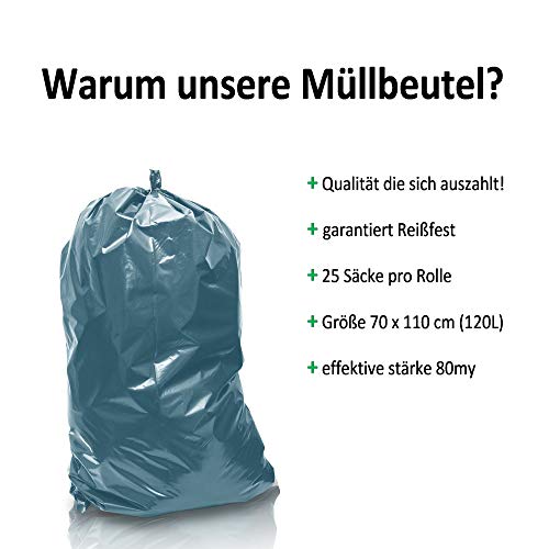 Djukie-Tech - Bolsas de basura de 120 litros, rollo de 25 unidades, extrafuertes, 80 μ, XXL, 700 x 1100 mm, LDPE