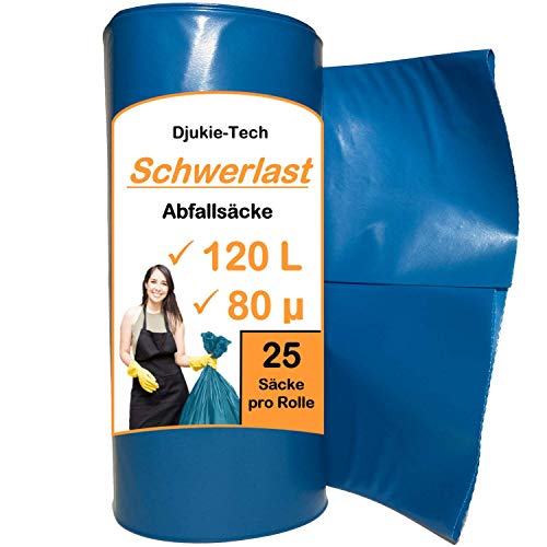 Djukie-Tech - Bolsas de basura de 120 litros, rollo de 25 unidades, extrafuertes, 80 μ, XXL, 700 x 1100 mm, LDPE