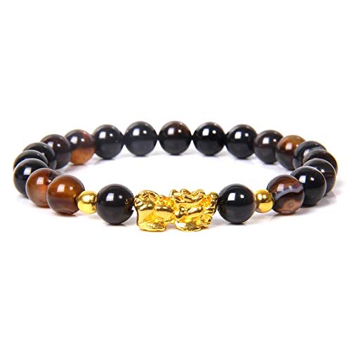 DKHF Pulsera Pulsera Lucky Buddha Pulsera de Piedra de obsidiana Negra Pulsera de Oro homogénea