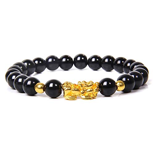 DKHF Pulsera Pulsera Lucky Buddha Pulsera de Piedra de obsidiana Negra Pulsera de Oro homogénea
