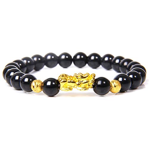 DKHF Pulsera Pulsera Lucky Buddha Pulsera de Piedra de obsidiana Negra Pulsera de Oro homogénea