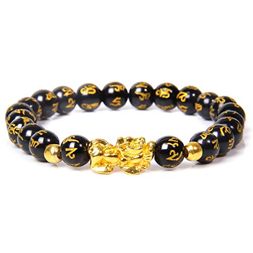 DKHF Pulsera Pulsera Lucky Buddha Pulsera de Piedra de obsidiana Negra Pulsera de Oro homogénea