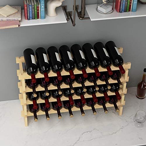 DlandHome 4 Niveles Botellero para 32 Botellas de Vino Botellero de Madera con Portavaso 90 x 30 x 54cm