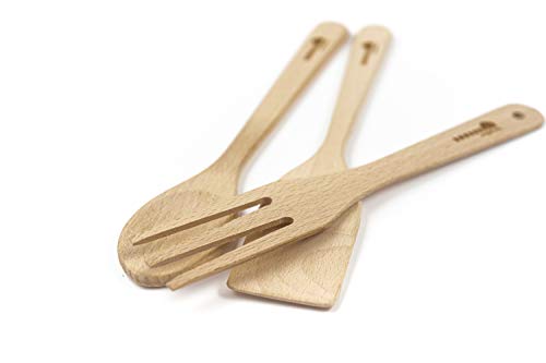 DMwood - Juego de Cocina de Madera de 3 Piezas Longitud de espátula: 30, Longitud de Cuchara: 30 y Longitud de Tenedor: 28 cm.