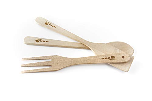 DMwood - Juego de Cocina de Madera de 3 Piezas Longitud de espátula: 30, Longitud de Cuchara: 30 y Longitud de Tenedor: 28 cm.
