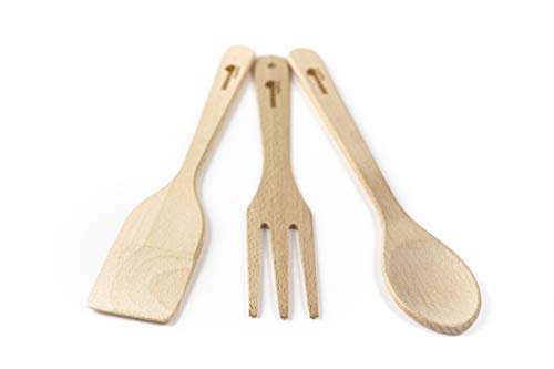 DMwood - Juego de Cocina de Madera de 3 Piezas Longitud de espátula: 30, Longitud de Cuchara: 30 y Longitud de Tenedor: 28 cm.
