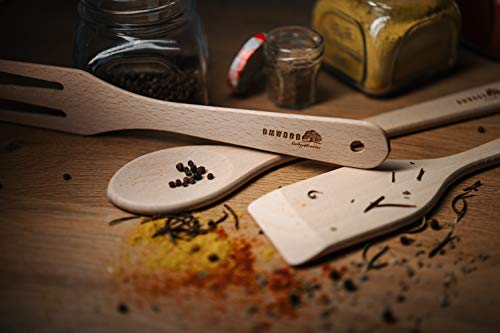 DMwood - Juego de Cocina de Madera de 3 Piezas Longitud de espátula: 30, Longitud de Cuchara: 30 y Longitud de Tenedor: 28 cm.
