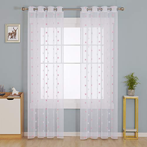Doconovo Cortinas y Visillos Traslúsidos de Visillo con Anillas para Habitación 140 x 175 cm 2 Unidades Rosa Estrellas y Blanco