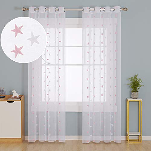 Doconovo Cortinas y Visillos Traslúsidos de Visillo con Anillas para Habitación 140 x 175 cm 2 Unidades Rosa Estrellas y Blanco