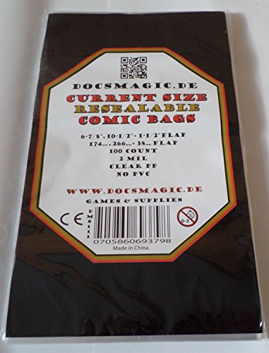 docsmagic.de 100 Resealable Current Size Comic Book Bags 6-7/8"x 10-1/2"+ 1-1/2"Flap- 2 Mil - Auto-Adhesivas Bolsas Protectoras