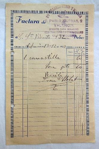 Documento - Document : FACTURA DE FABRICA SILLONES JUNCO Y MIMBRE. 1933. Valencia