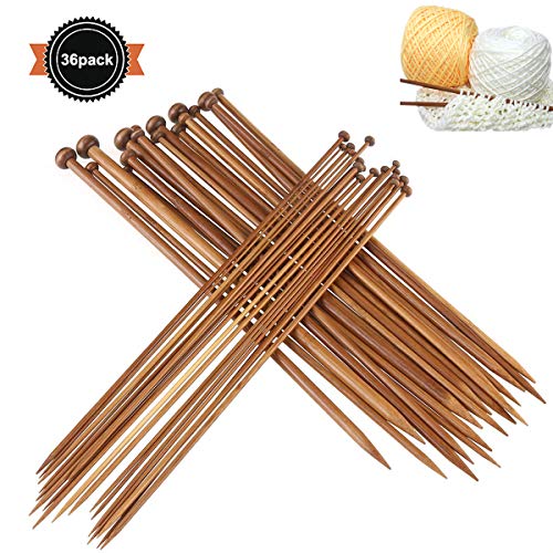 Dokpav 36Pcs 18 Tamaños Agujas de Tejer de Bambú (2.0mm a 10.0mm), Agujas de Madera, Agujas de Punto para Suéter, Proyecto de Encajes y Flores- Mejor Set Principiantes y Profesionales