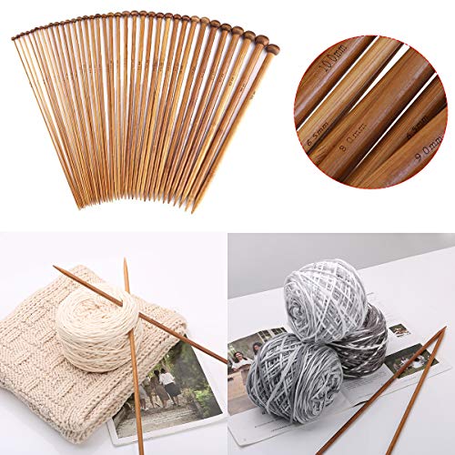 Dokpav 36Pcs 18 Tamaños Agujas de Tejer de Bambú (2.0mm a 10.0mm), Agujas de Madera, Agujas de Punto para Suéter, Proyecto de Encajes y Flores- Mejor Set Principiantes y Profesionales
